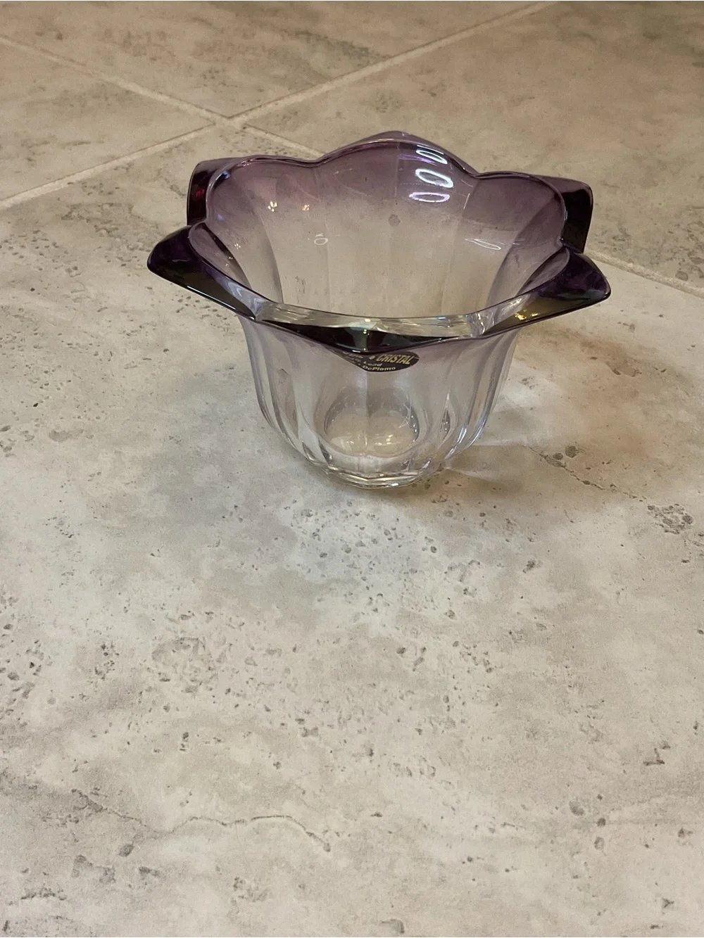 Vintage Amethyst Crystal Flower Bowl 24% lead crystal scalloped rim fluted body